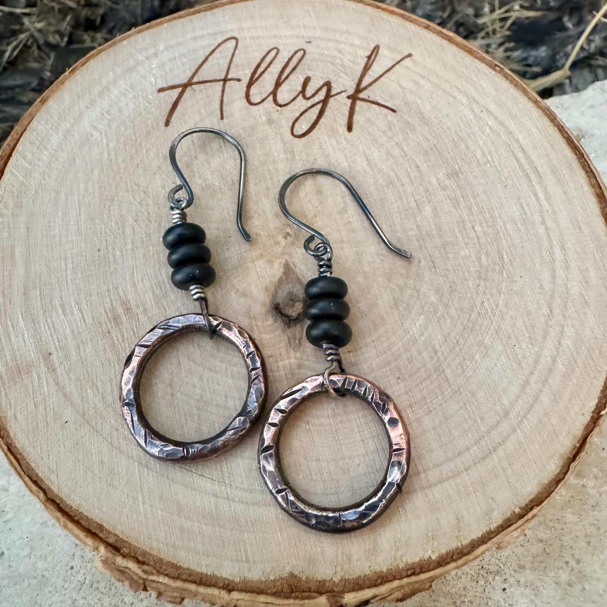 Handcrafted Copper & Sterling Silver Earrings with Onyx Gemstone - Mixed Metal Design