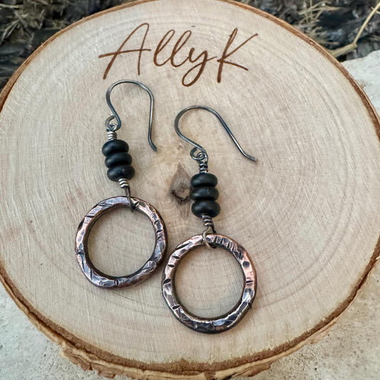 Handcrafted Copper & Sterling Silver Earrings with Onyx Gemstone - Mixed Metal Design