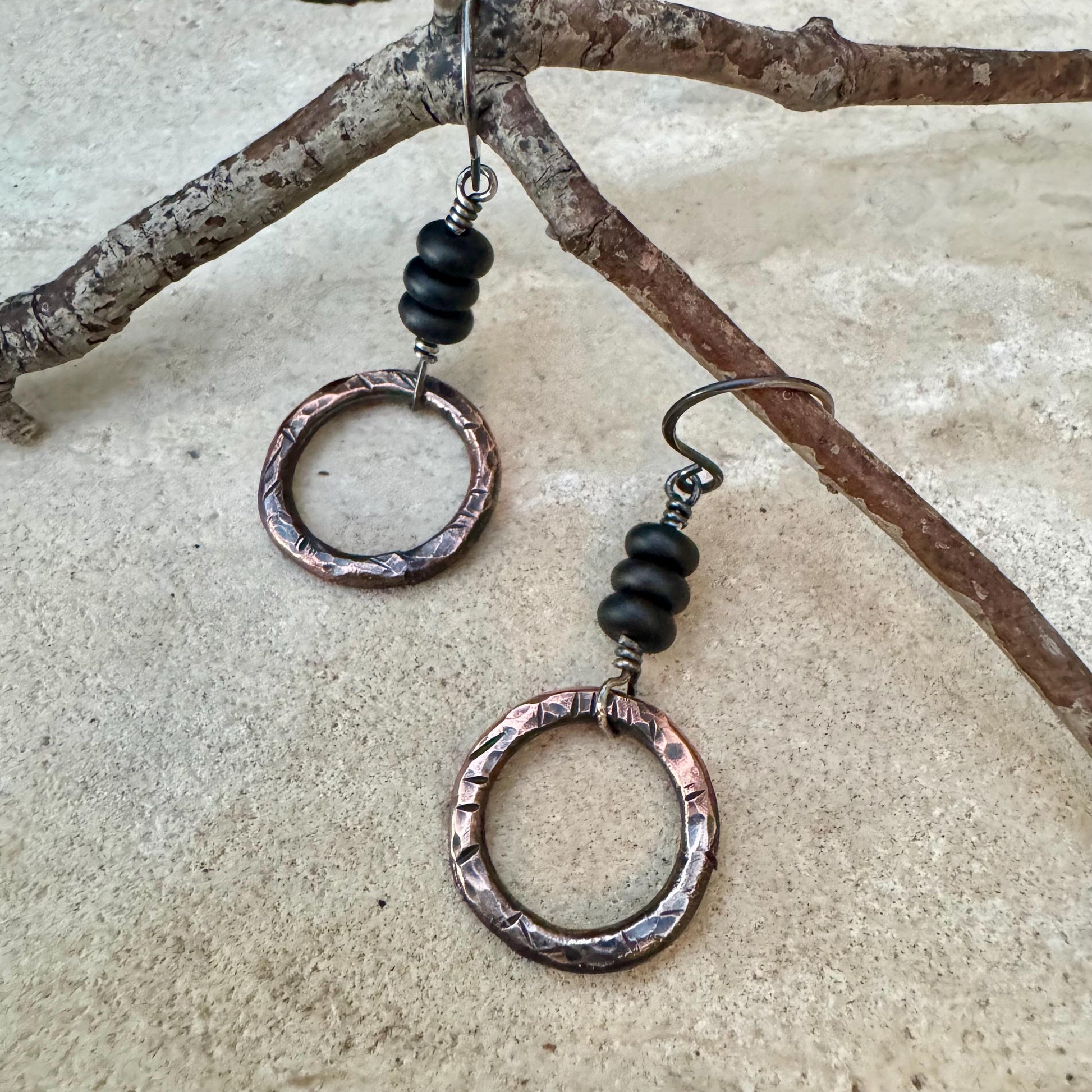 Handcrafted Copper & Sterling Silver Earrings with Onyx Gemstone - Mixed Metal Design