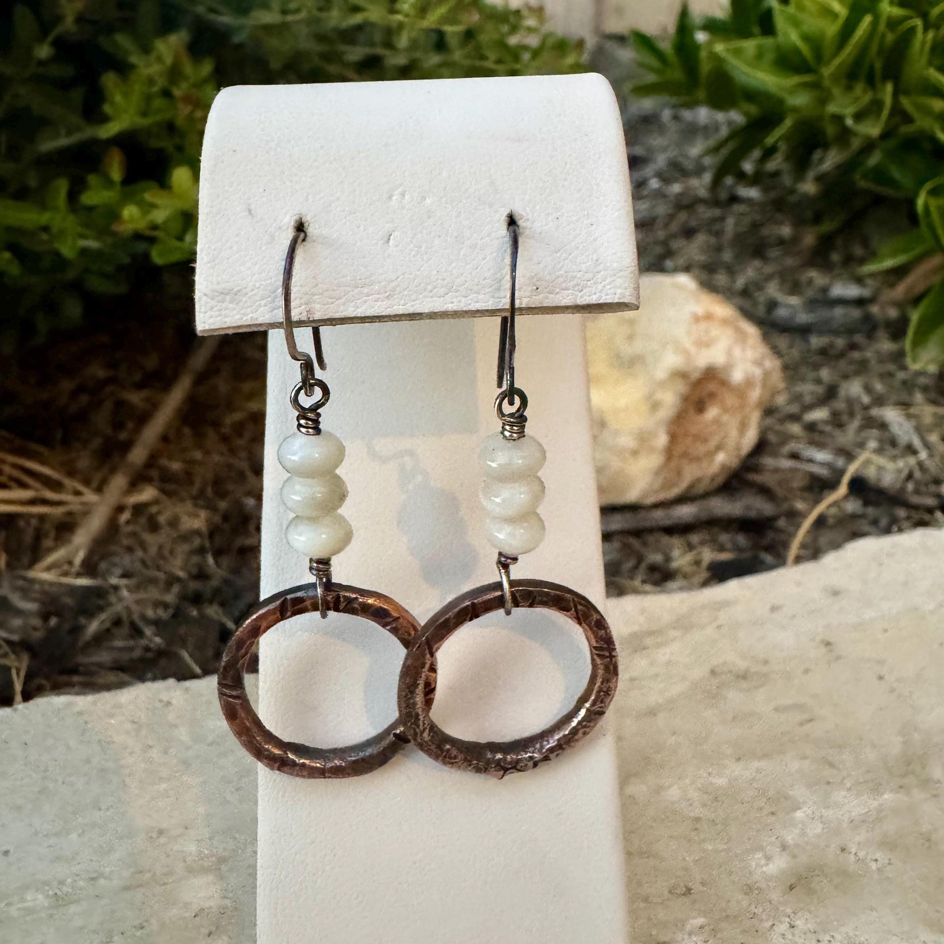 Artisan Copper & Sterling Silver Earrings with Mother of Pearl - Unique Mixed Metal Jewelry