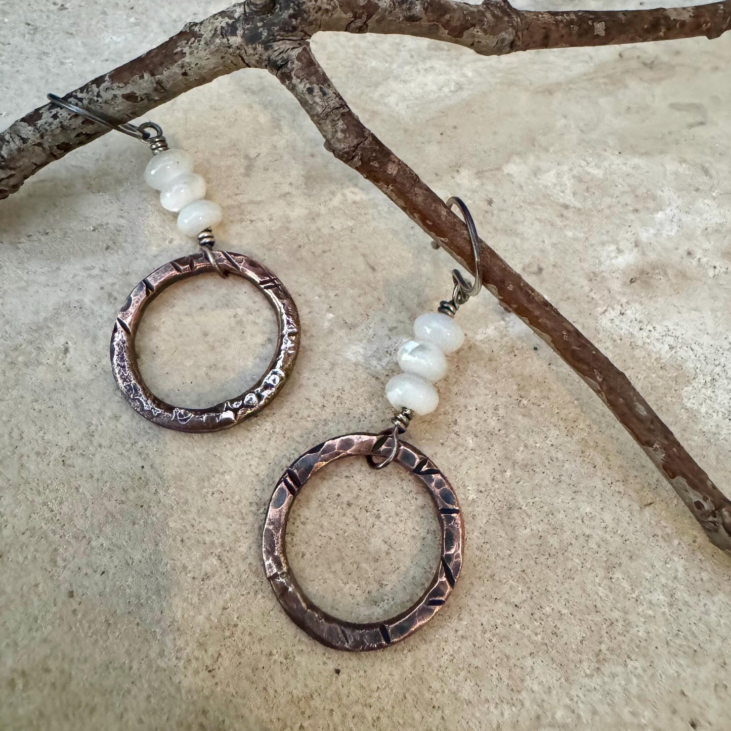 Artisan Copper & Sterling Silver Earrings with Mother of Pearl - Unique Mixed Metal Jewelry