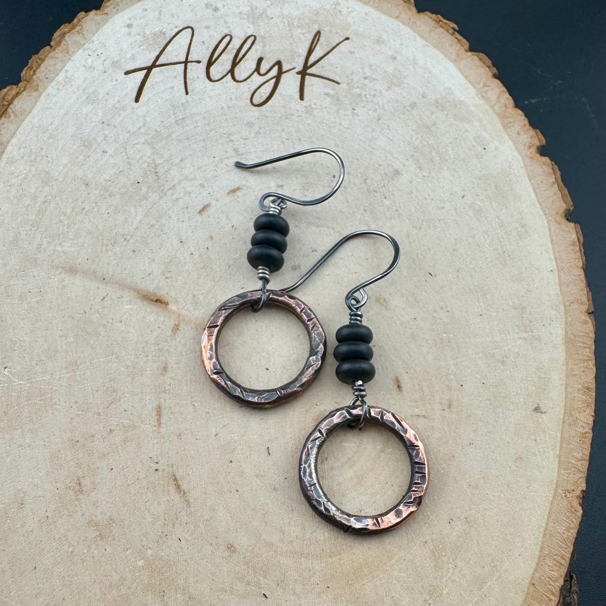 Handcrafted Copper & Sterling Silver Earrings with Onyx Gemstone - Mixed Metal Design