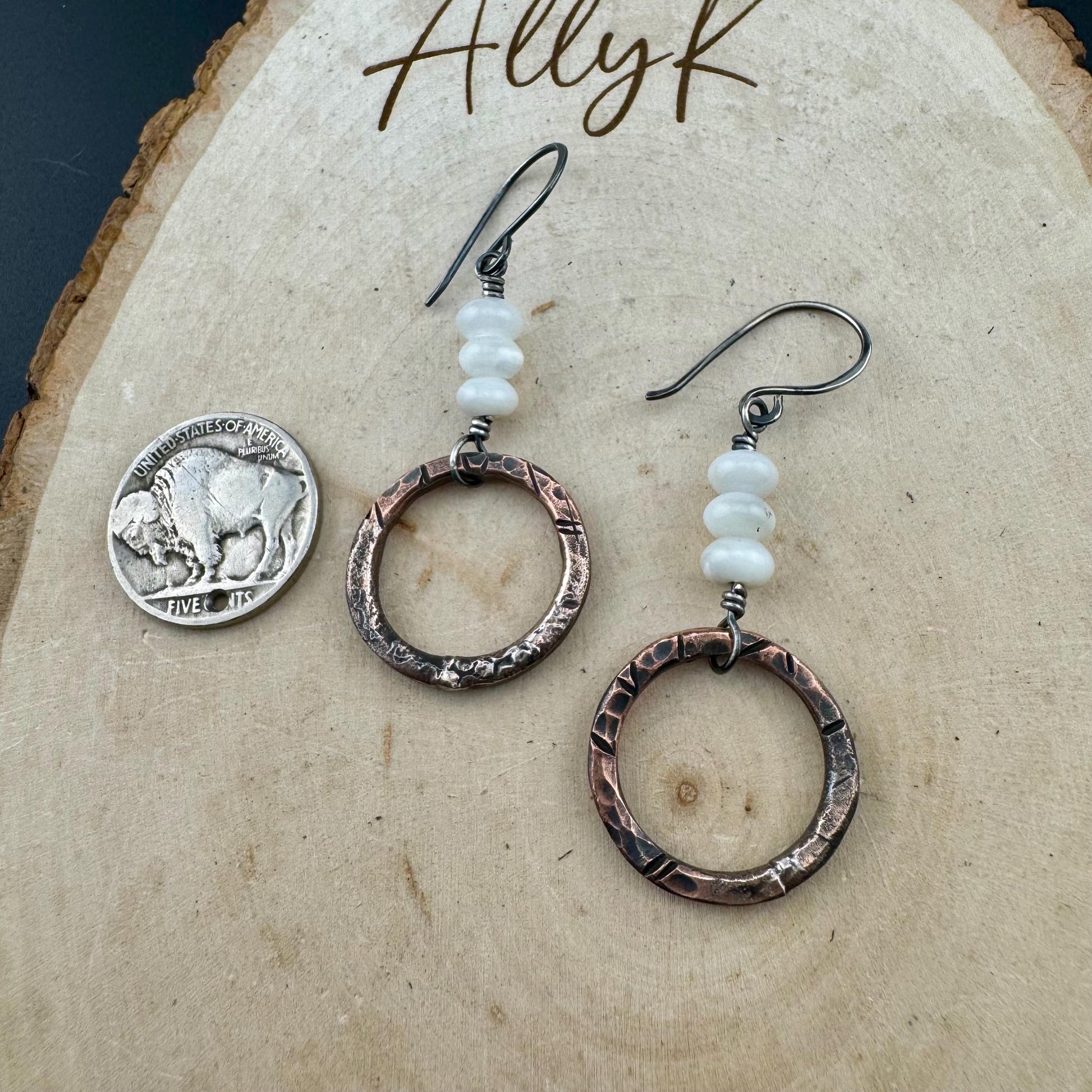 Artisan Copper & Sterling Silver Earrings with Mother of Pearl - Unique Mixed Metal Jewelry