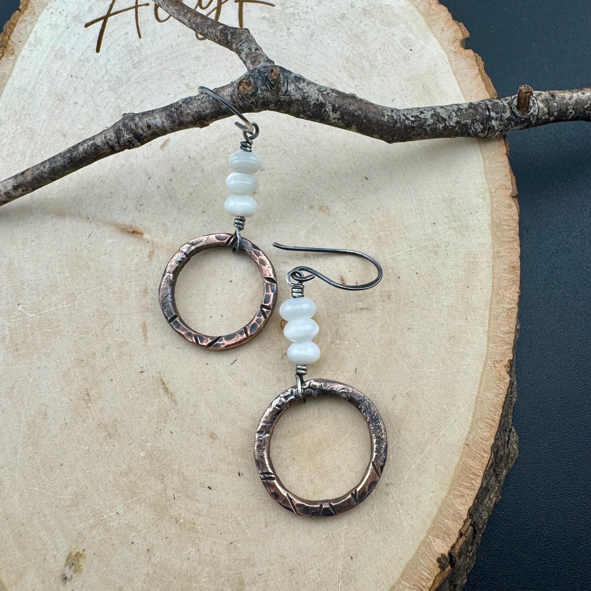 Artisan Copper & Sterling Silver Earrings with Mother of Pearl - Unique Mixed Metal Jewelry