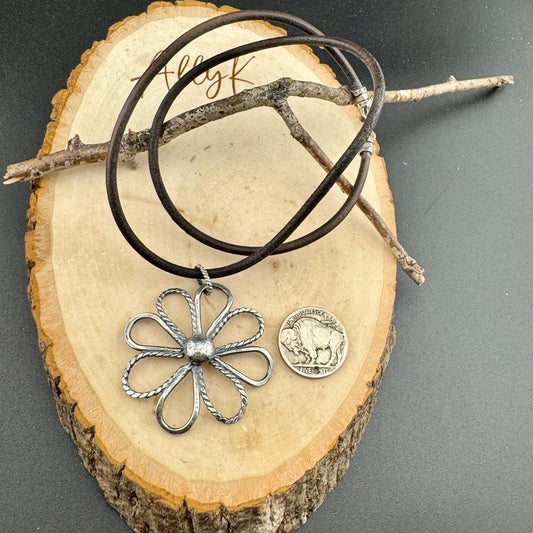 Handmade Sterling Silver Flower Pendant on Genuine Leather Necklace