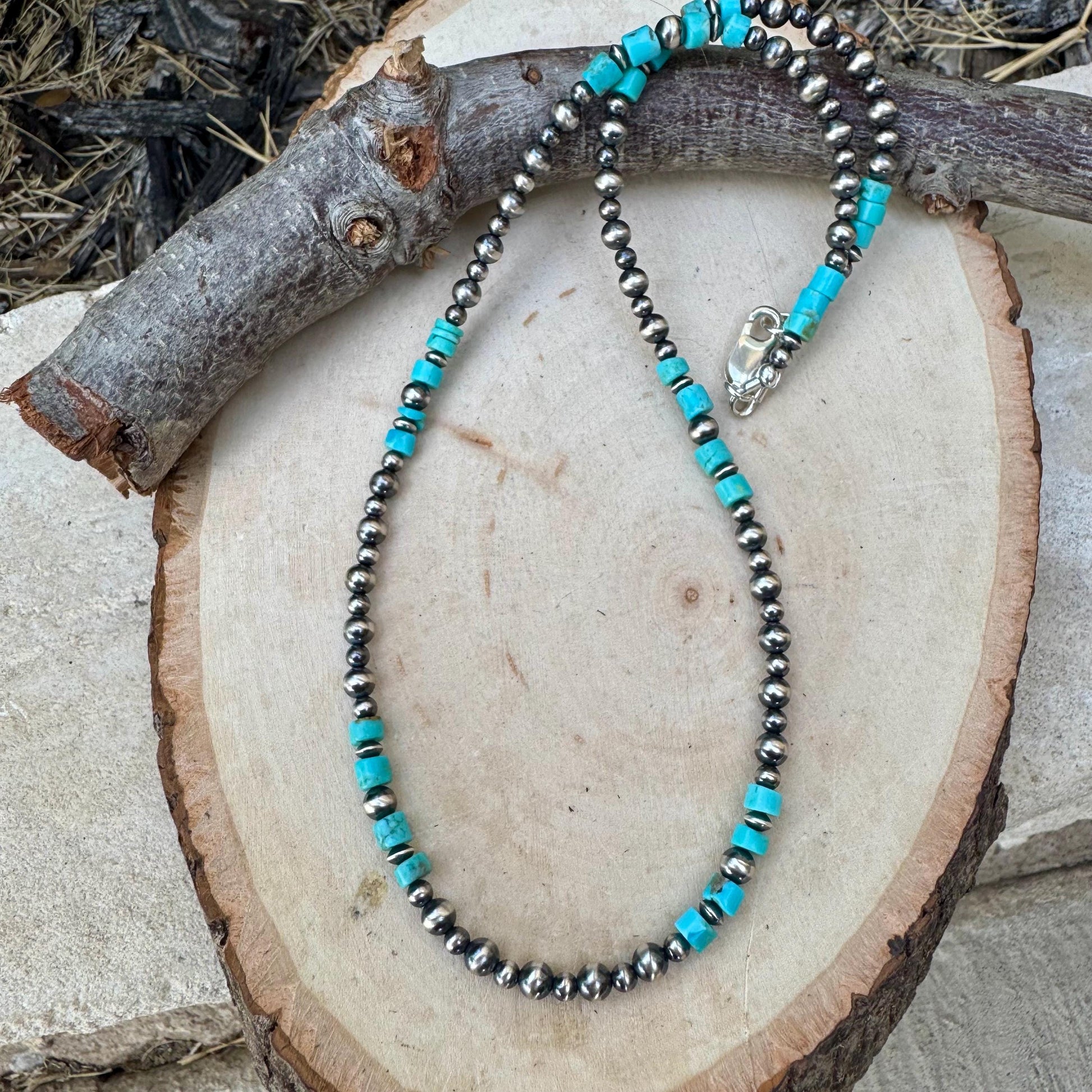 Turquoise Choker Necklace with Kingman & Navajo Pearl in Sterling Silver