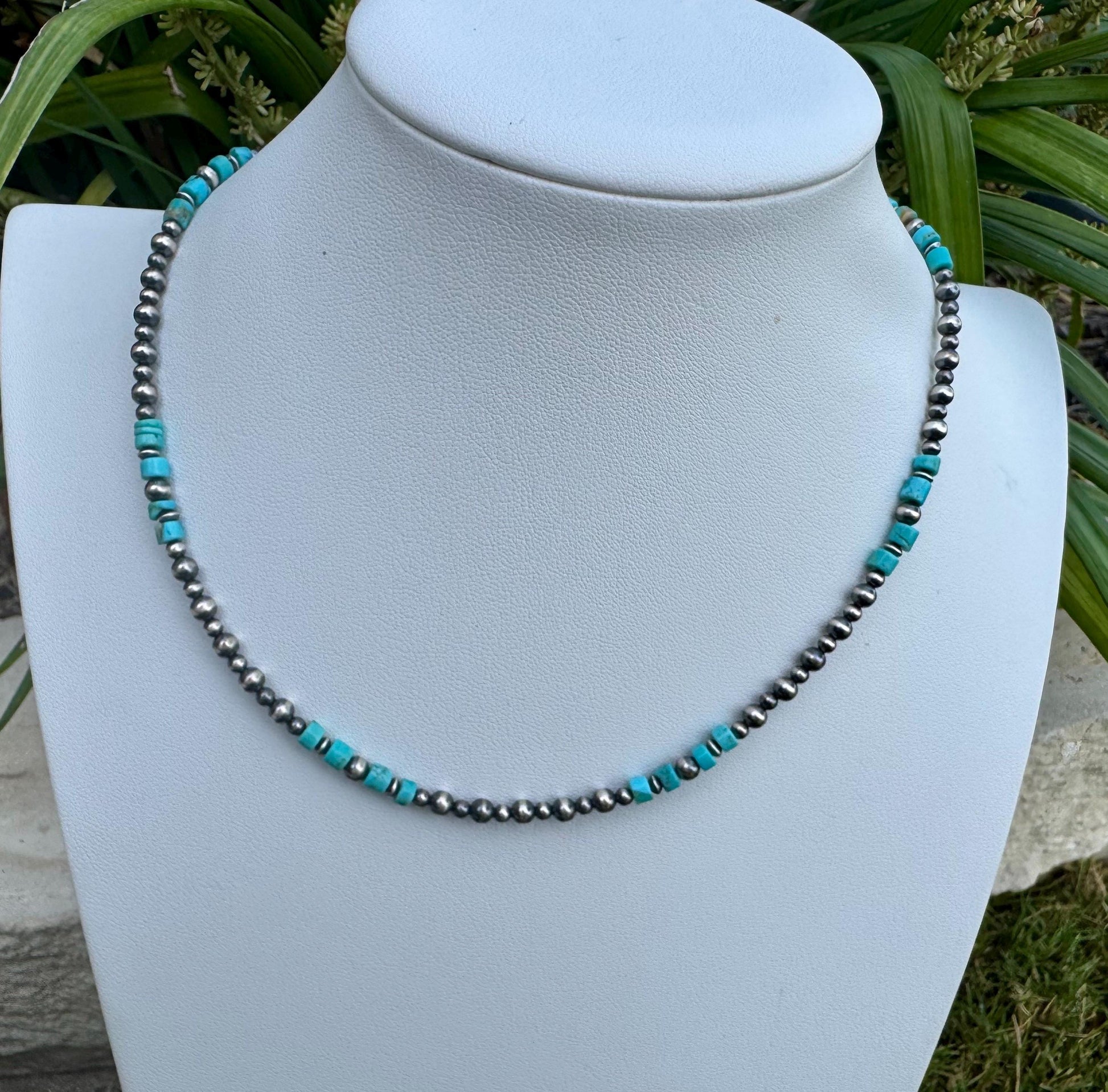 Turquoise Choker Necklace with Kingman & Navajo Pearl in Sterling Silver