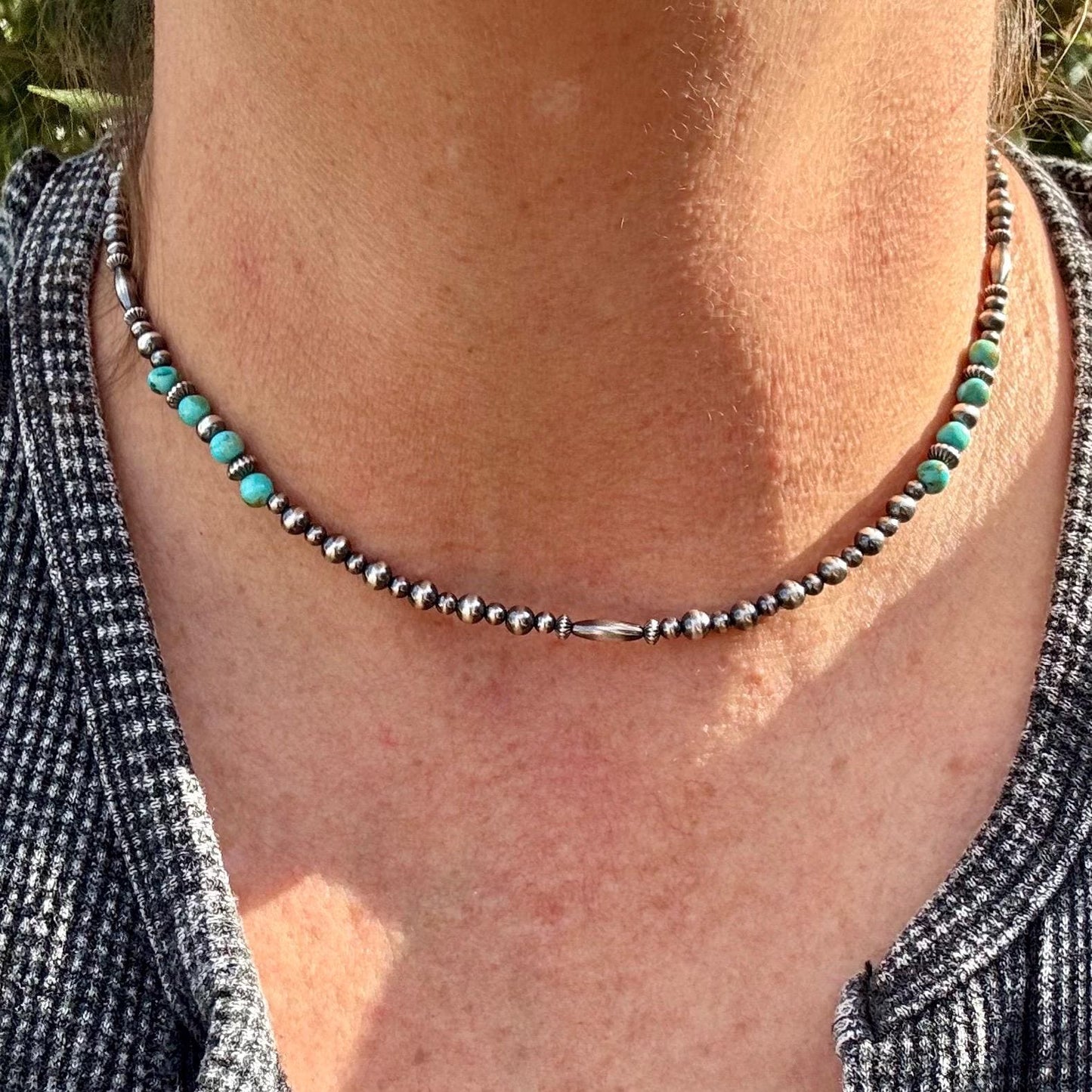 Kingman Turquoise& Navajo Pearl Sterling Silver Choker Necklace