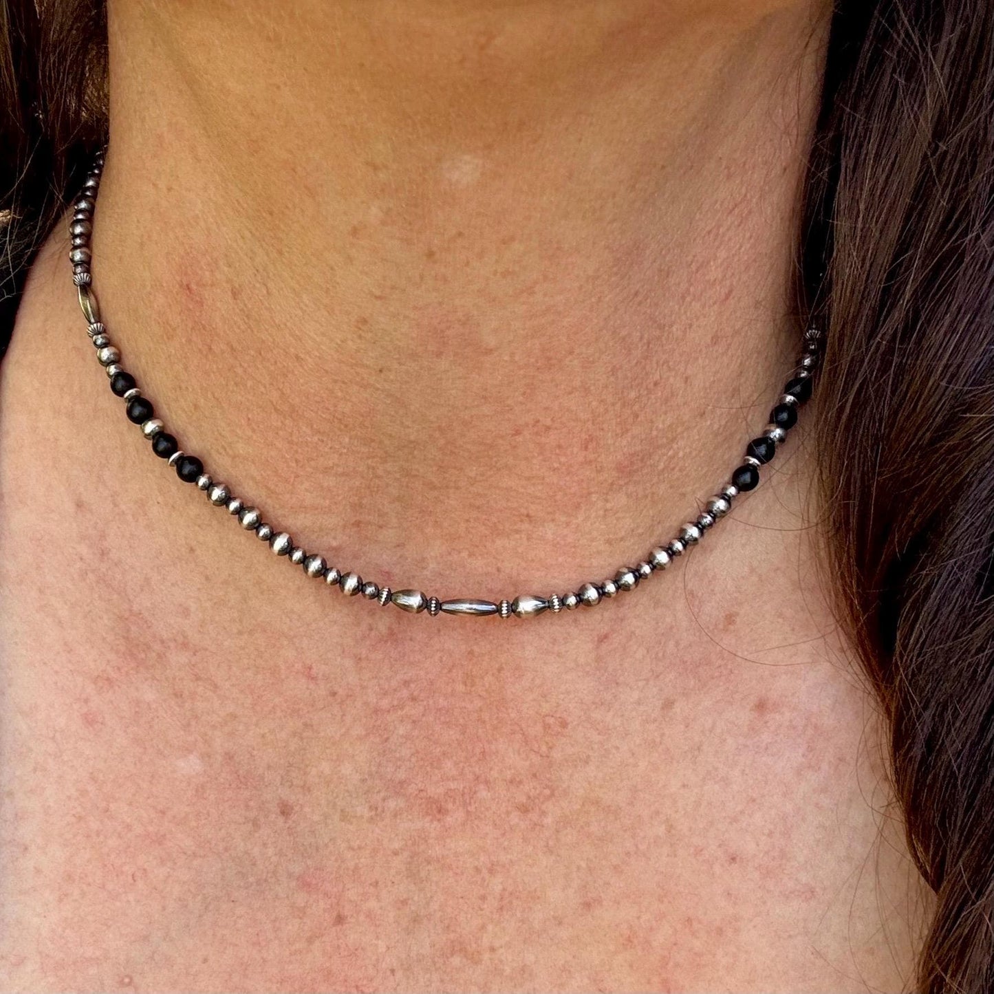 Navajo Pearl & Black Onyx Necklace - Elegant Sterling Silver Gemstone Jewelry