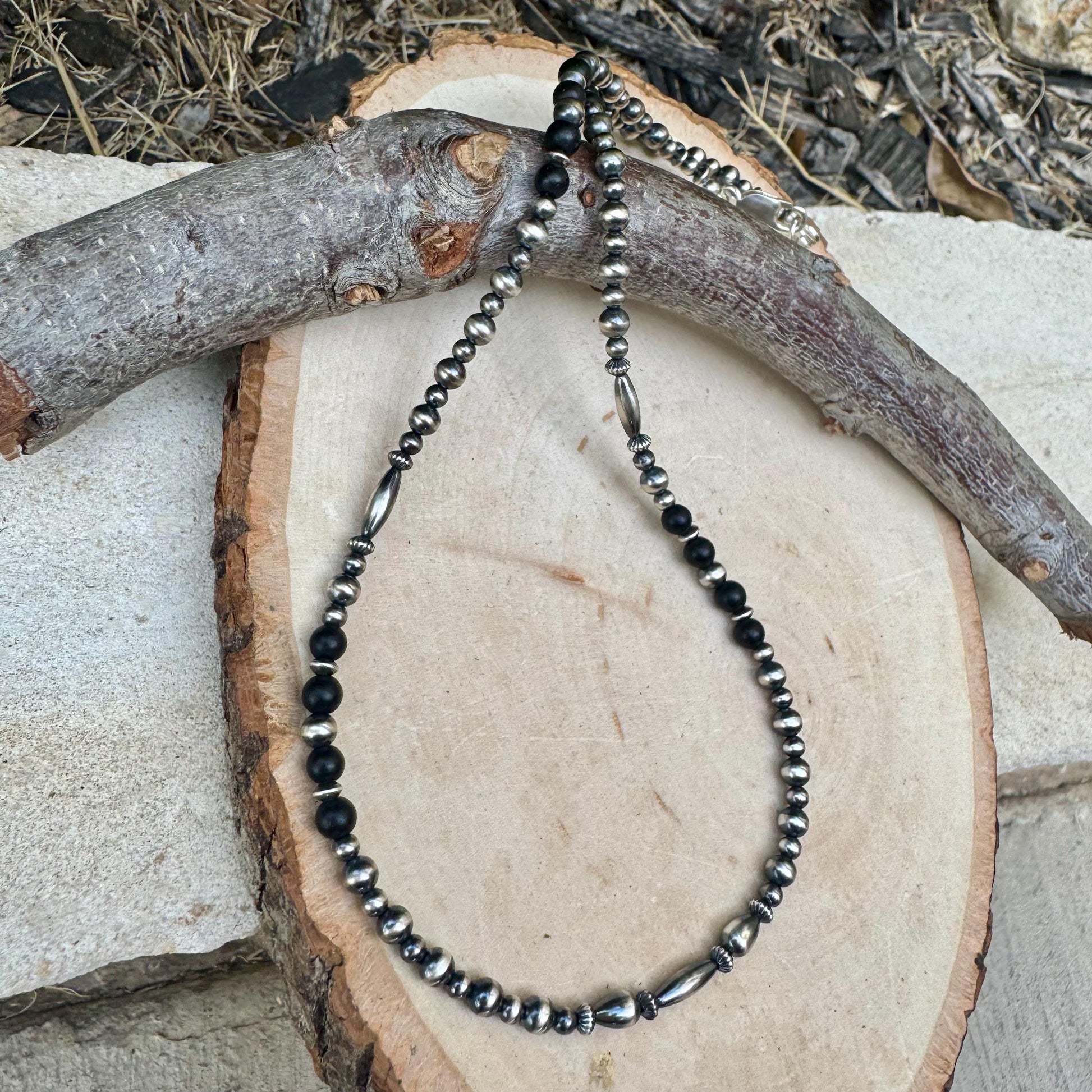 Navajo Pearl & Black Onyx Necklace - Elegant Sterling Silver Gemstone Jewelry