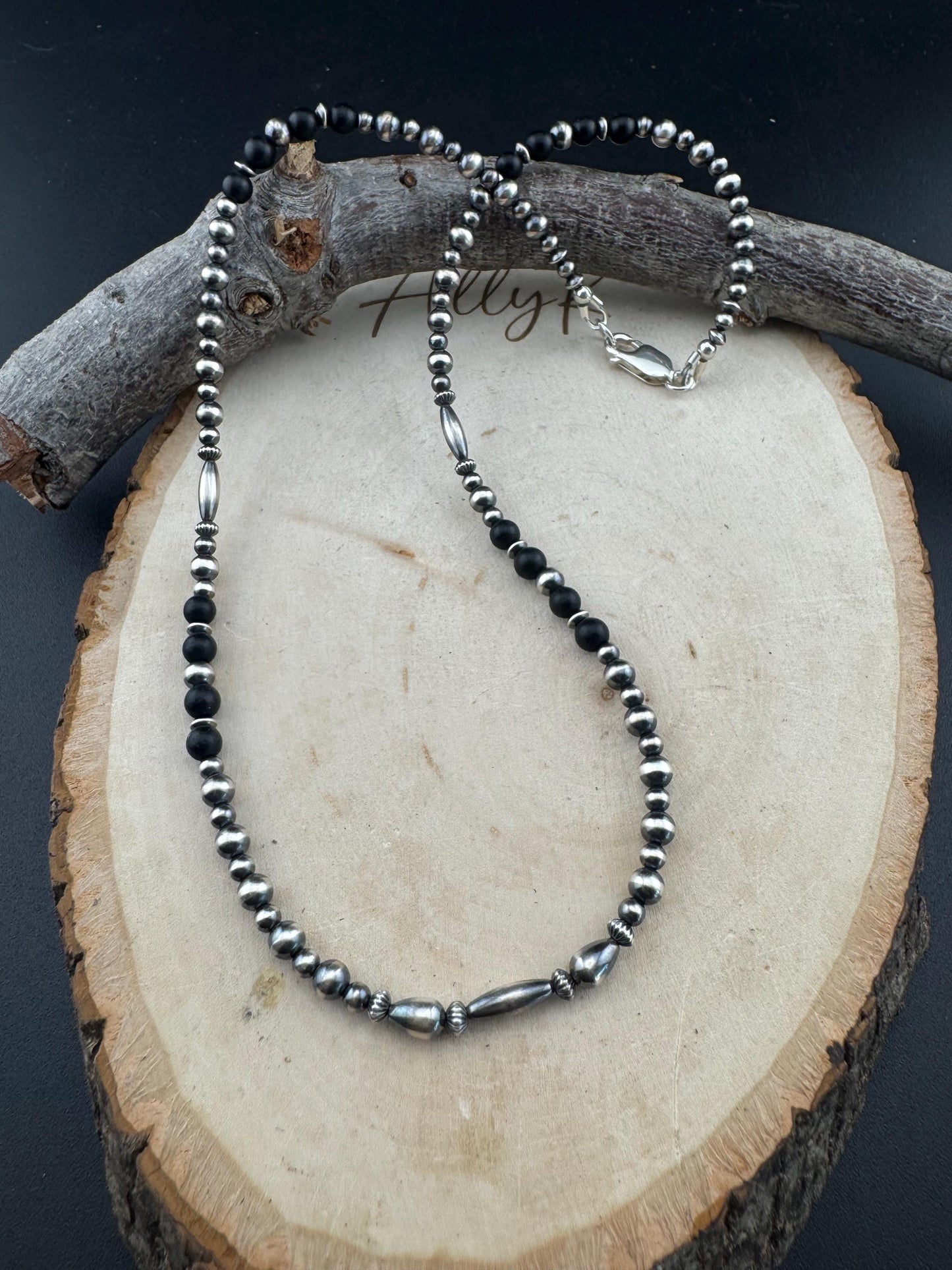 Navajo Pearl & Black Onyx Necklace - Elegant Sterling Silver Gemstone Jewelry