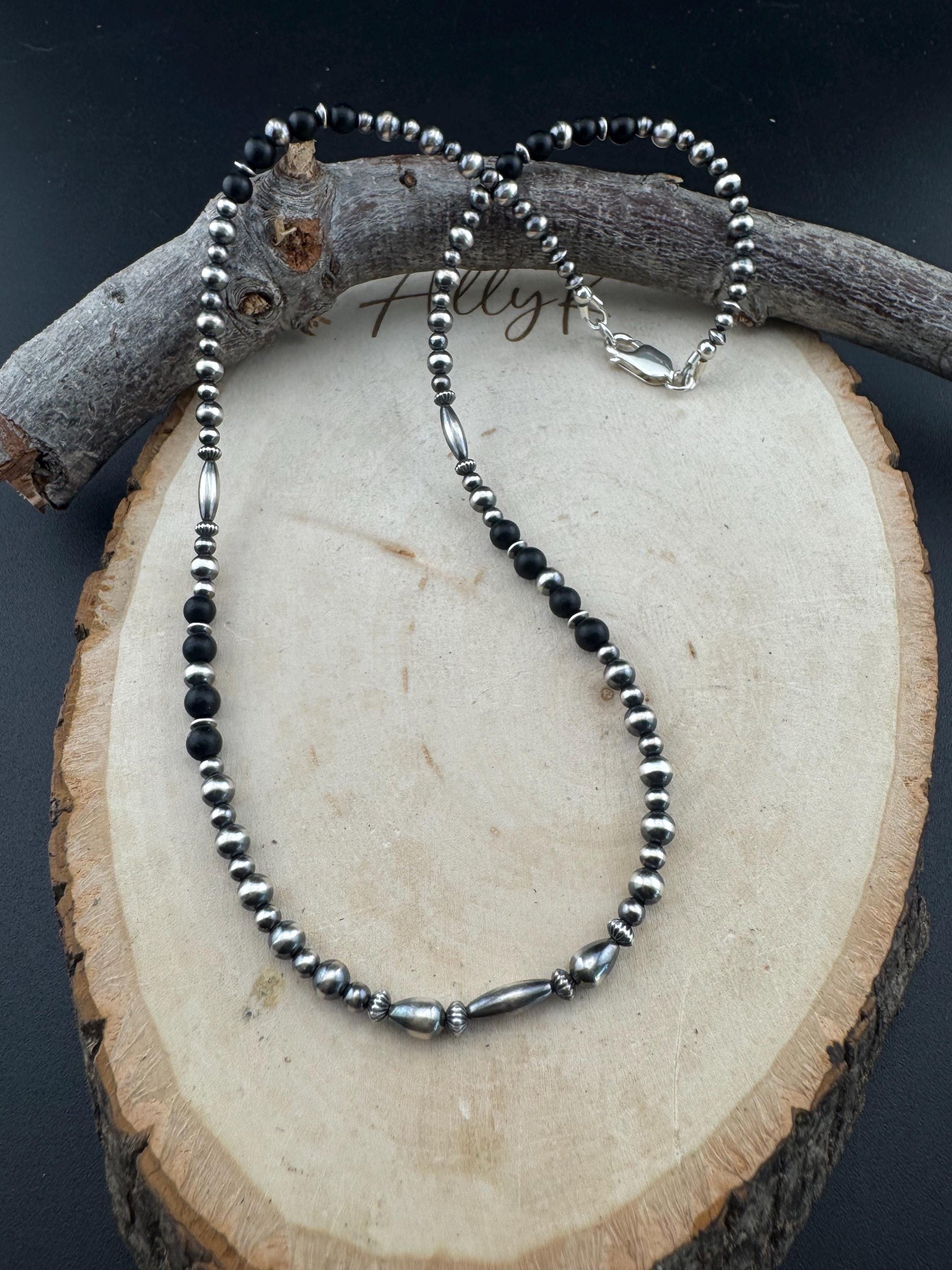 Navajo Pearl & Black Onyx Necklace - Elegant Sterling Silver Gemstone Jewelry