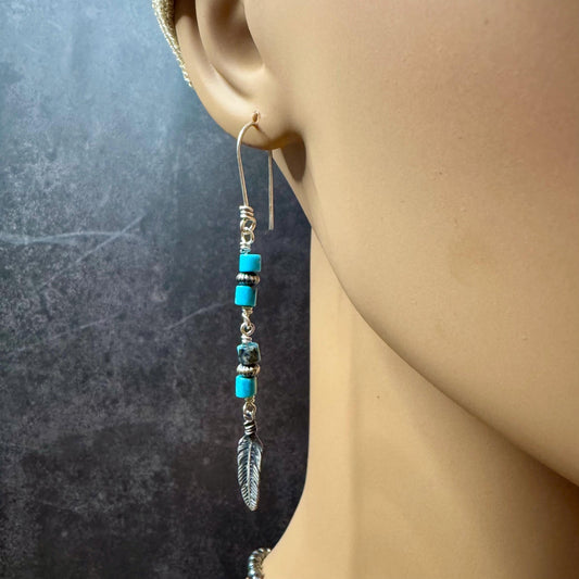 Rustic Sterling Silver Dangle Earrings with Kingman Turquoise & Navajo Pearls