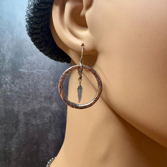 Handcrafted Mixed Metal Feather Dangle Earrings in Copper & Sterling Silver