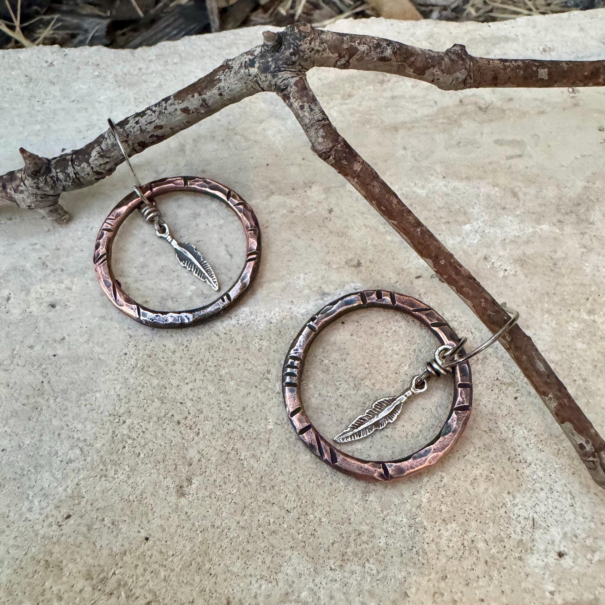 Handcrafted Mixed Metal Feather Dangle Earrings in Copper & Sterling Silver