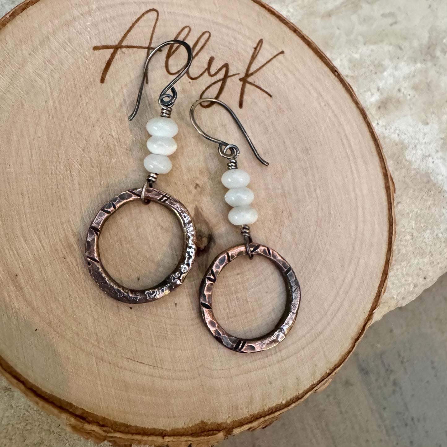 Artisan Copper & Sterling Silver Earrings with Mother of Pearl - Unique Mixed Metal Jewelry