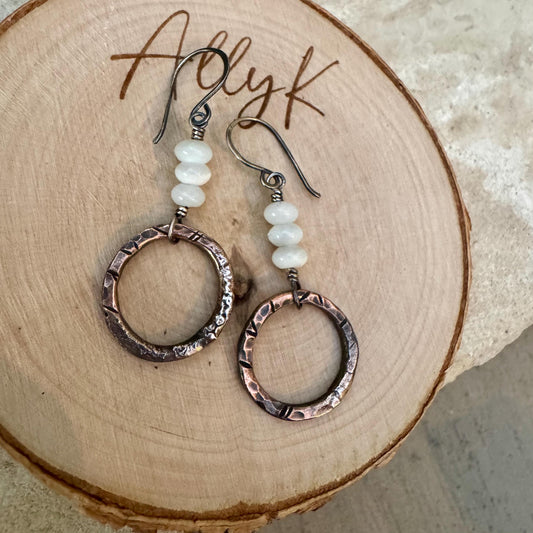 Artisan Copper & Sterling Silver Earrings with Mother of Pearl - Unique Mixed Metal Jewelry