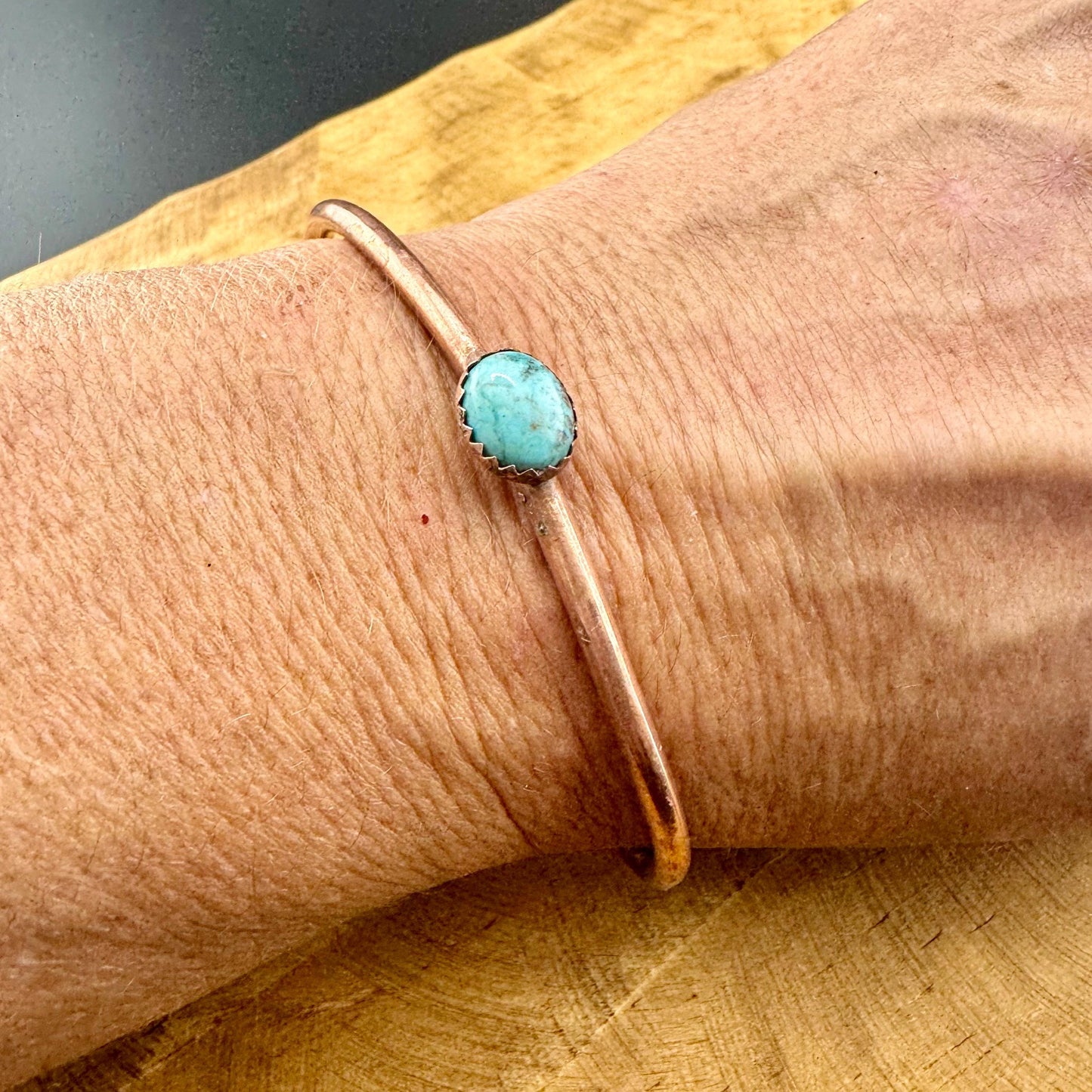 Kingman Turquoise Bezel Cuff Bracelet - Adjustable Antique Copper Design