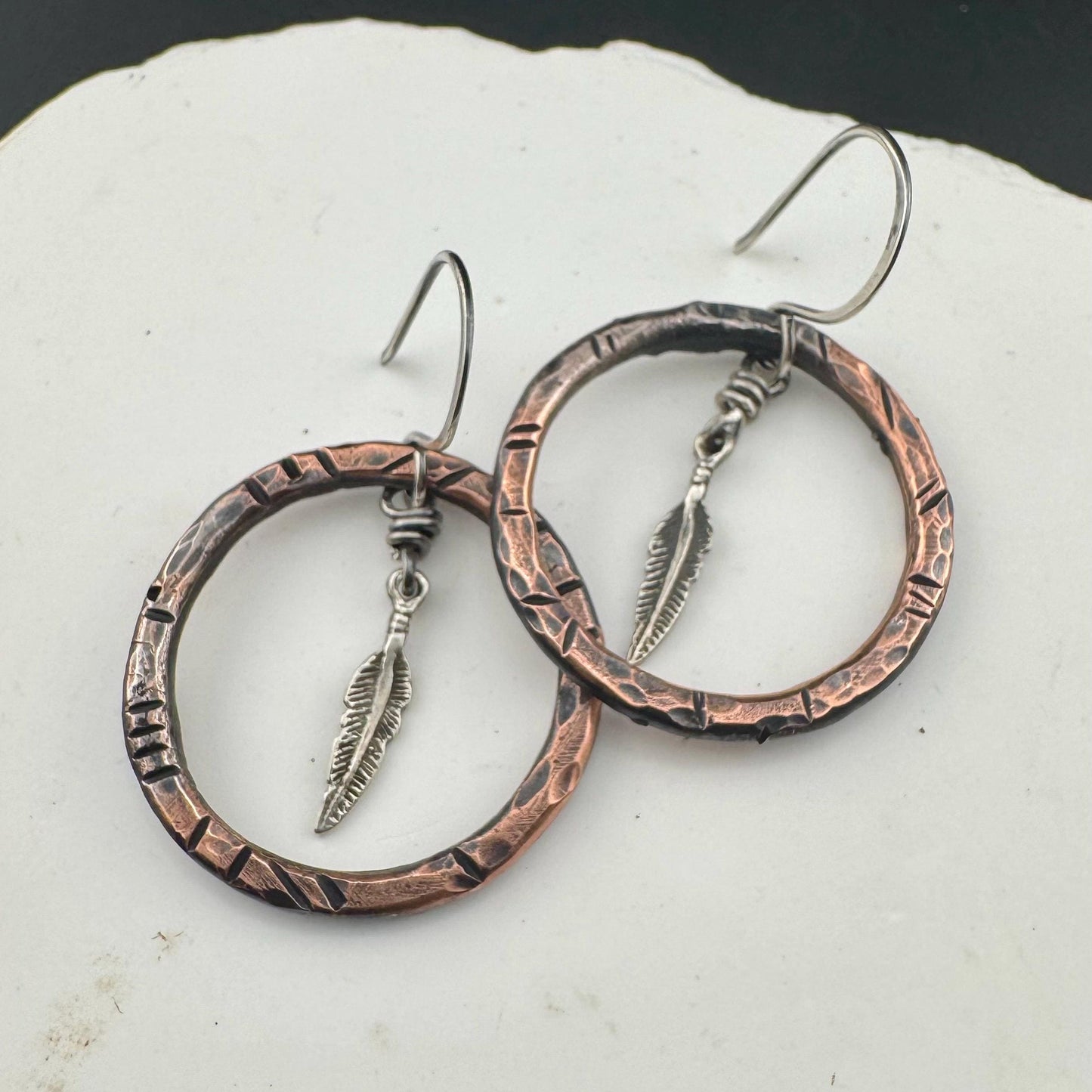 Handcrafted Mixed Metal Feather Dangle Earrings in Copper & Sterling Silver