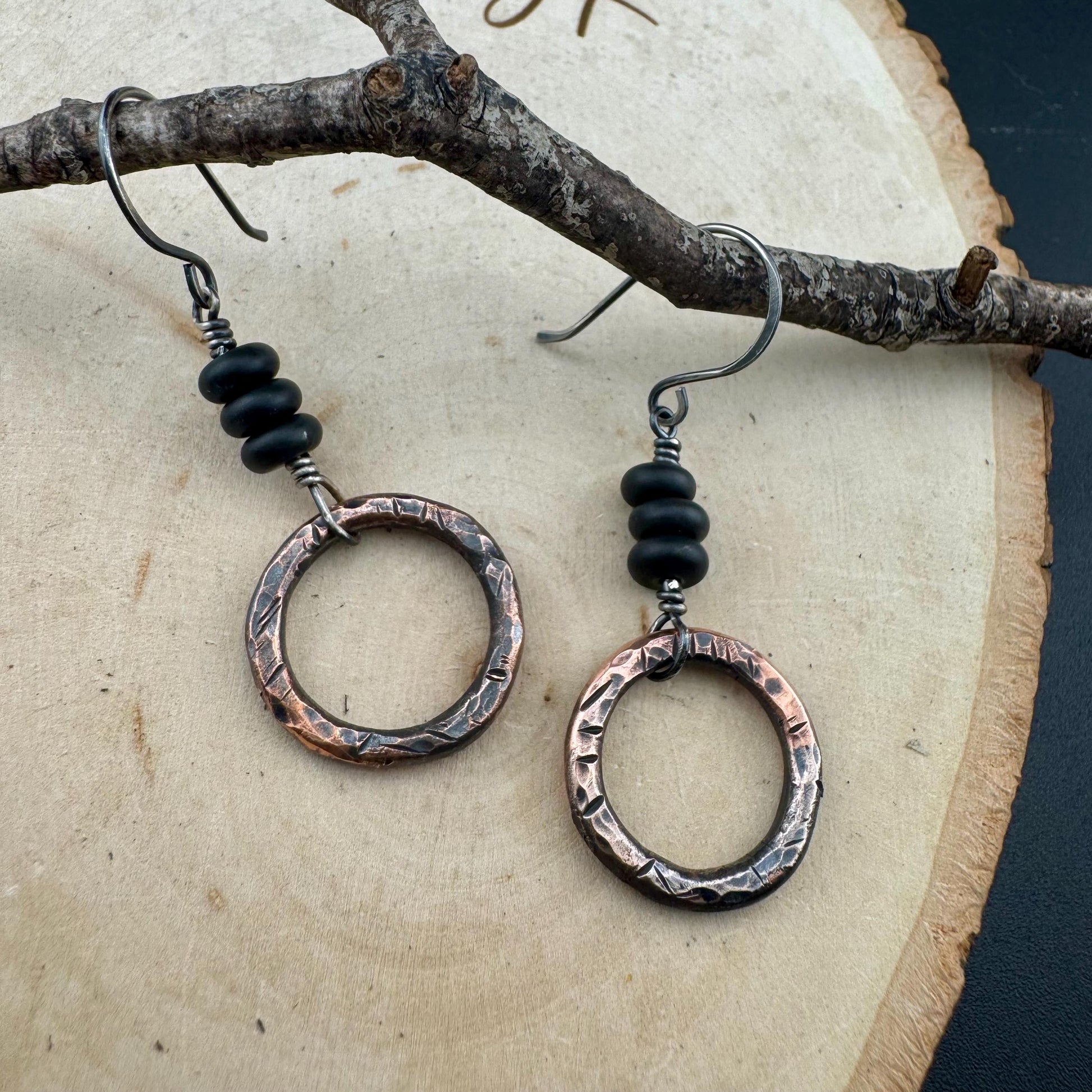 Handcrafted Copper & Sterling Silver Earrings with Onyx Gemstone - Mixed Metal Design
