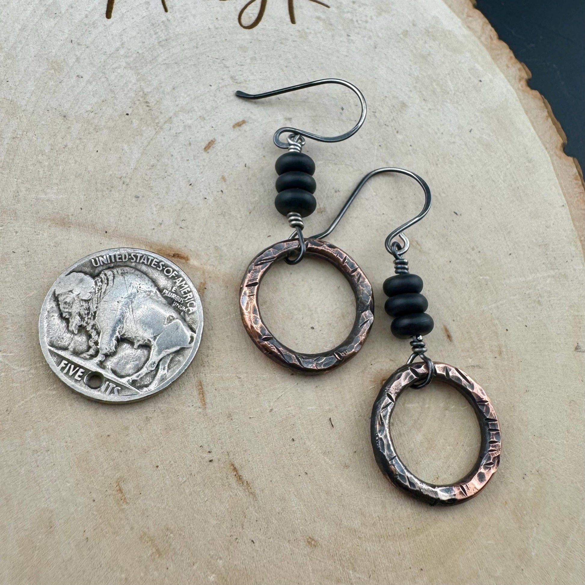 Handcrafted Copper & Sterling Silver Earrings with Onyx Gemstone - Mixed Metal Design