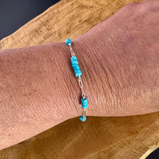 Kingman Turquoise Wire Wrapped Bracelet with Sterling Silver Cable Chain