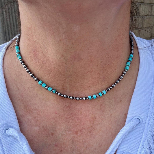 Turquoise Choker Necklace with Kingman & Navajo Pearl in Sterling Silver