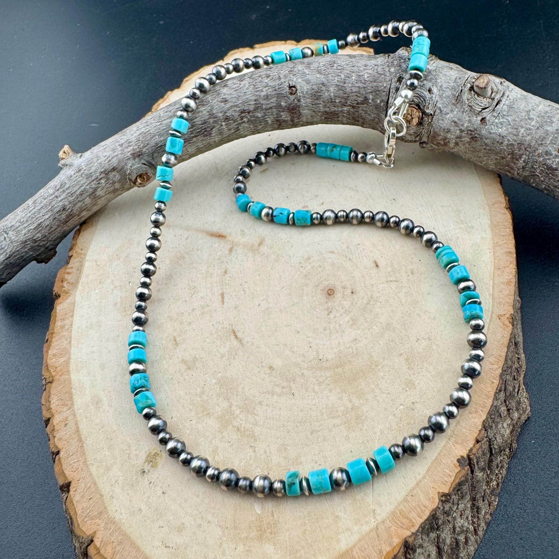 Turquoise Choker Necklace with Kingman & Navajo Pearl in Sterling Silver