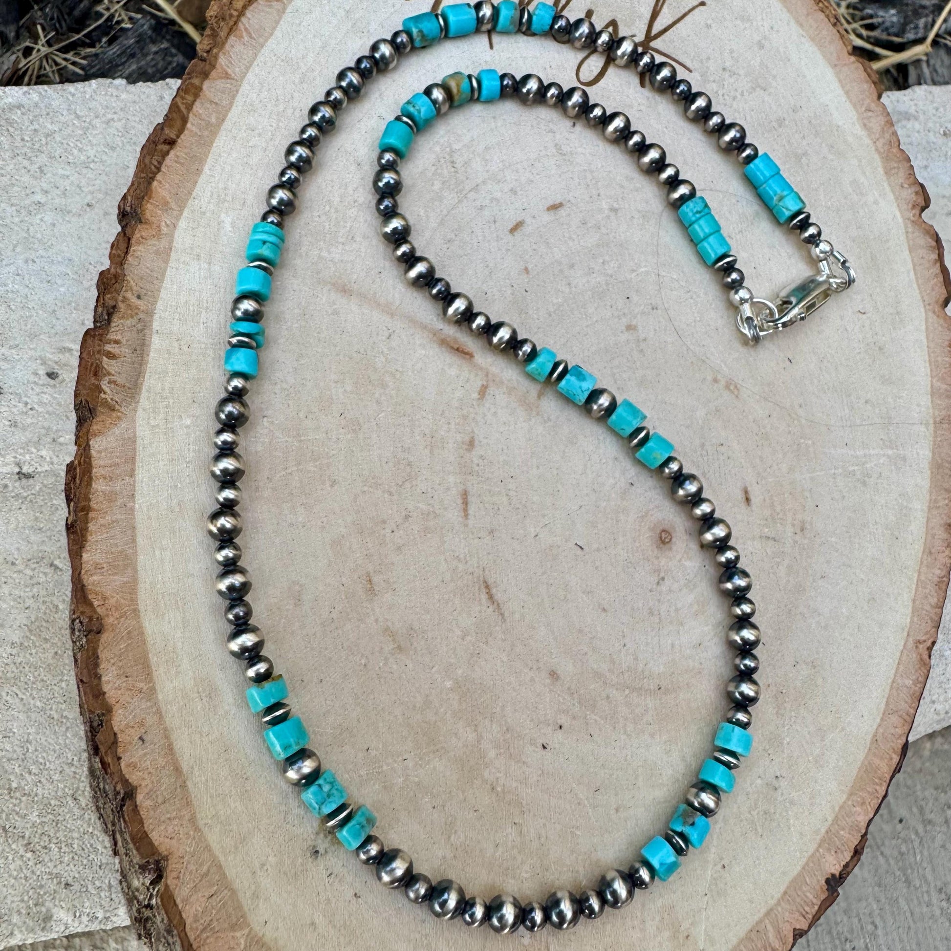 Turquoise Choker Necklace with Kingman & Navajo Pearl in Sterling Silver
