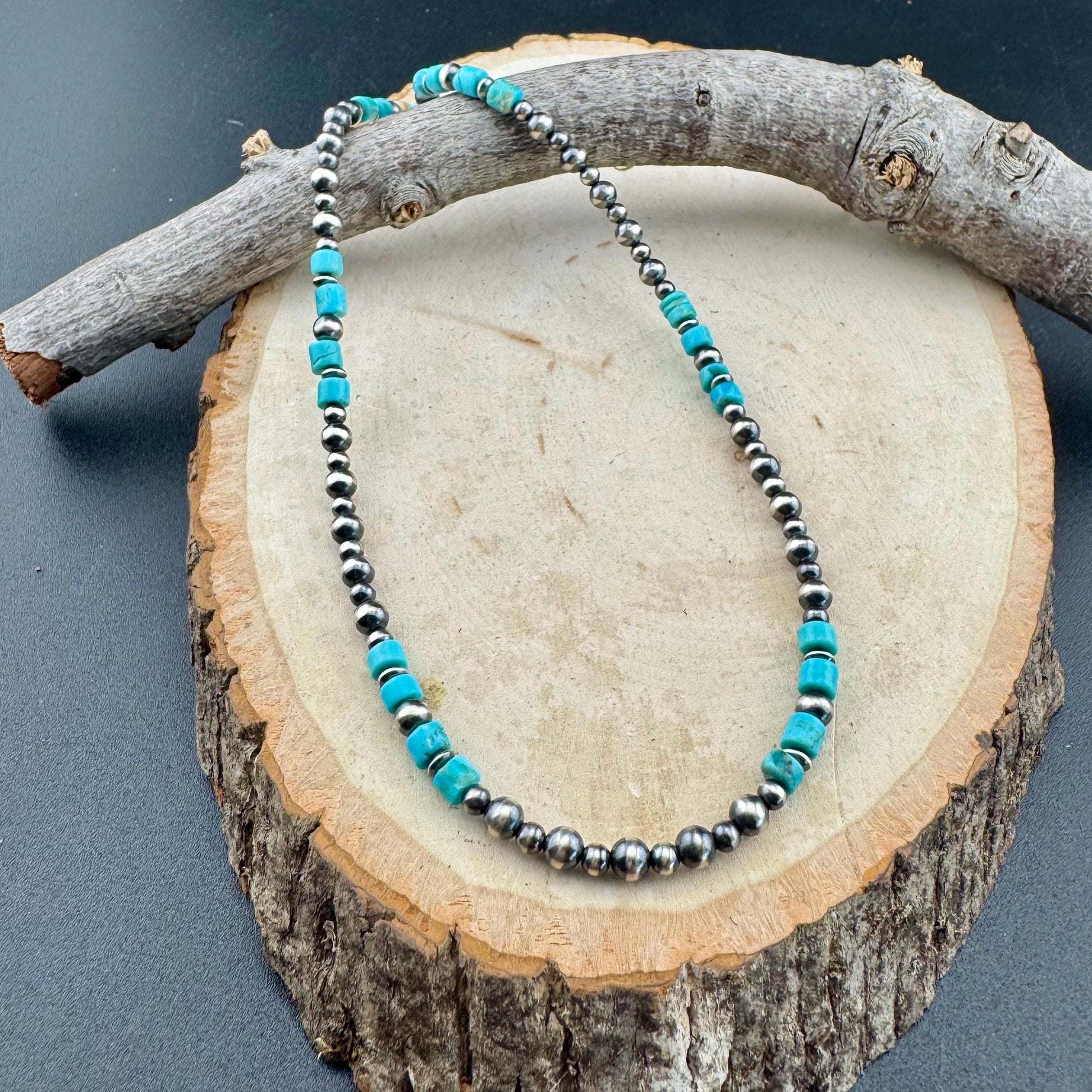 Turquoise Choker Necklace with Kingman & Navajo Pearl in Sterling Silver