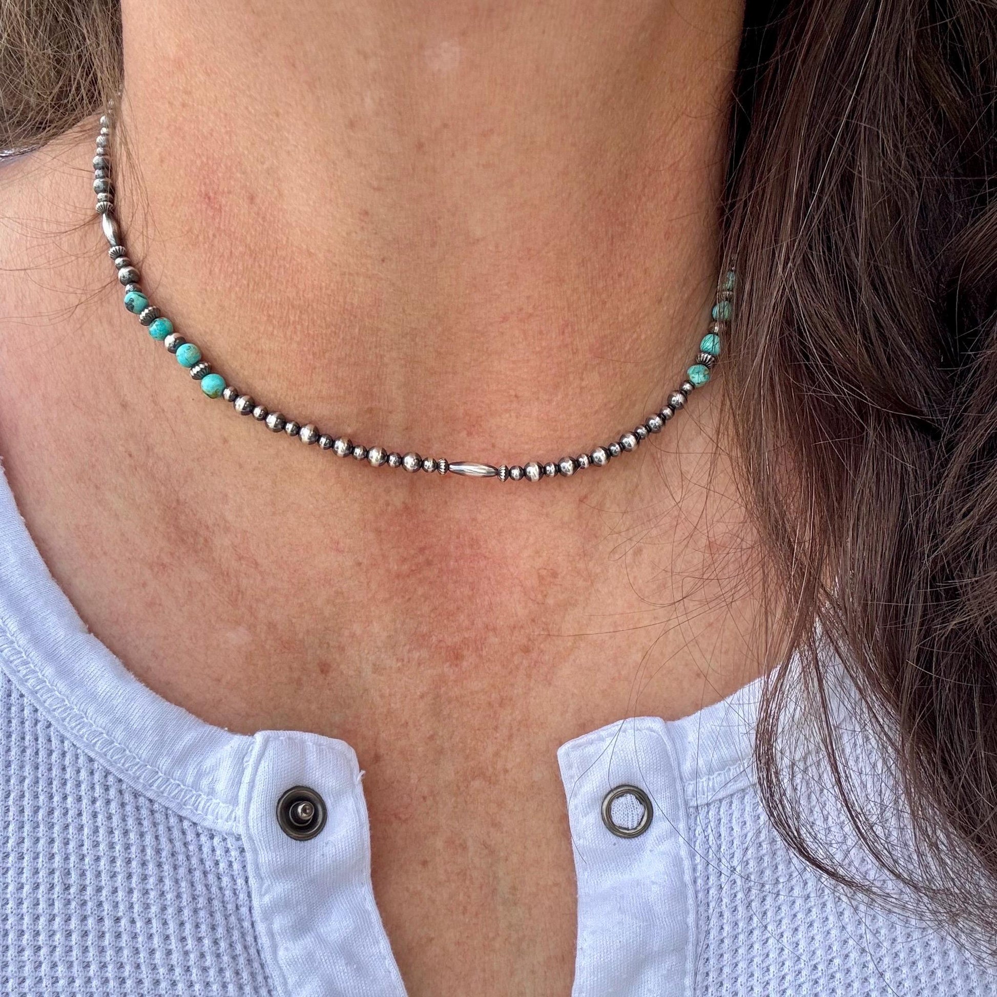 Kingman Turquoise& Navajo Pearl Sterling Silver Choker Necklace