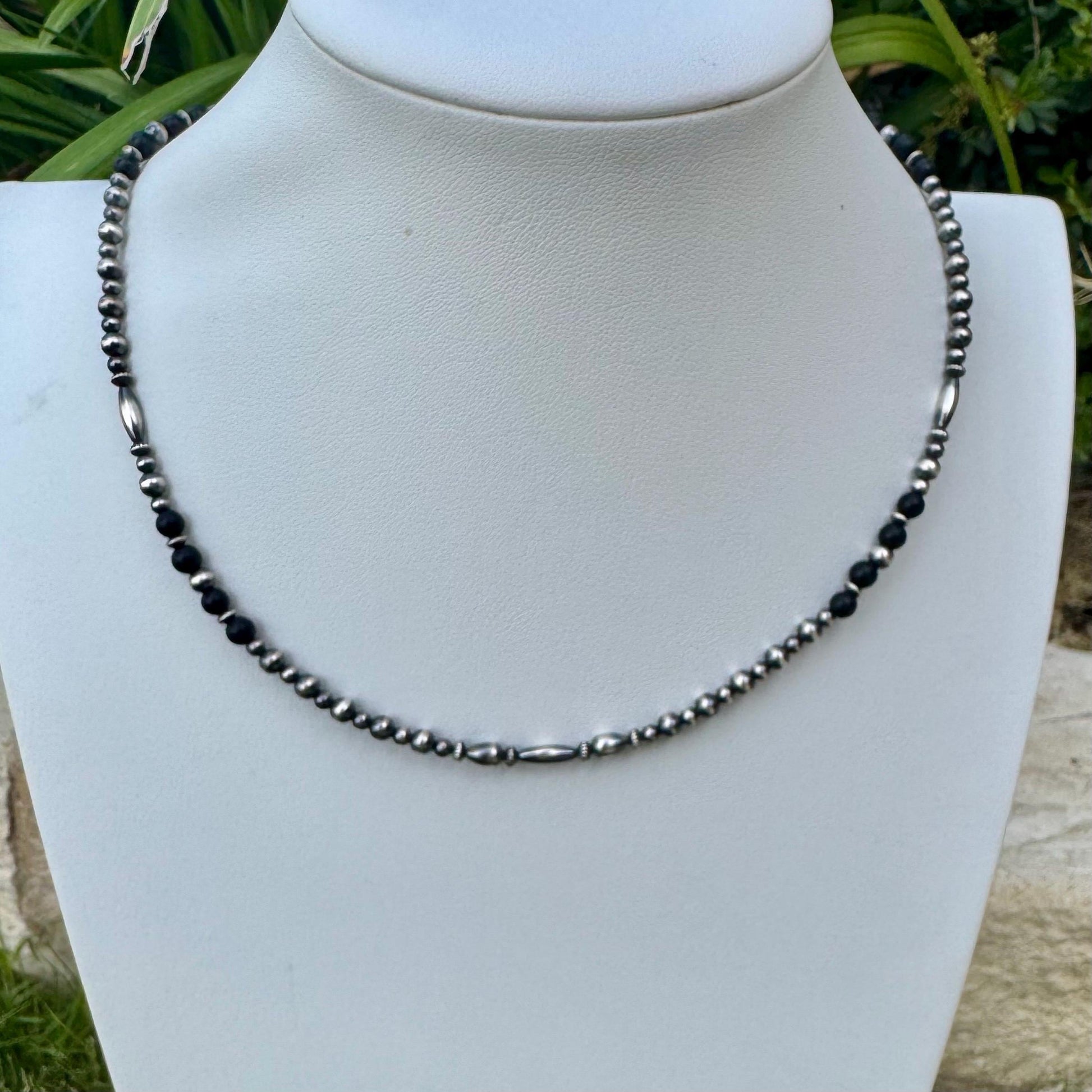 Navajo Pearl & Black Onyx Necklace - Elegant Sterling Silver Gemstone Jewelry