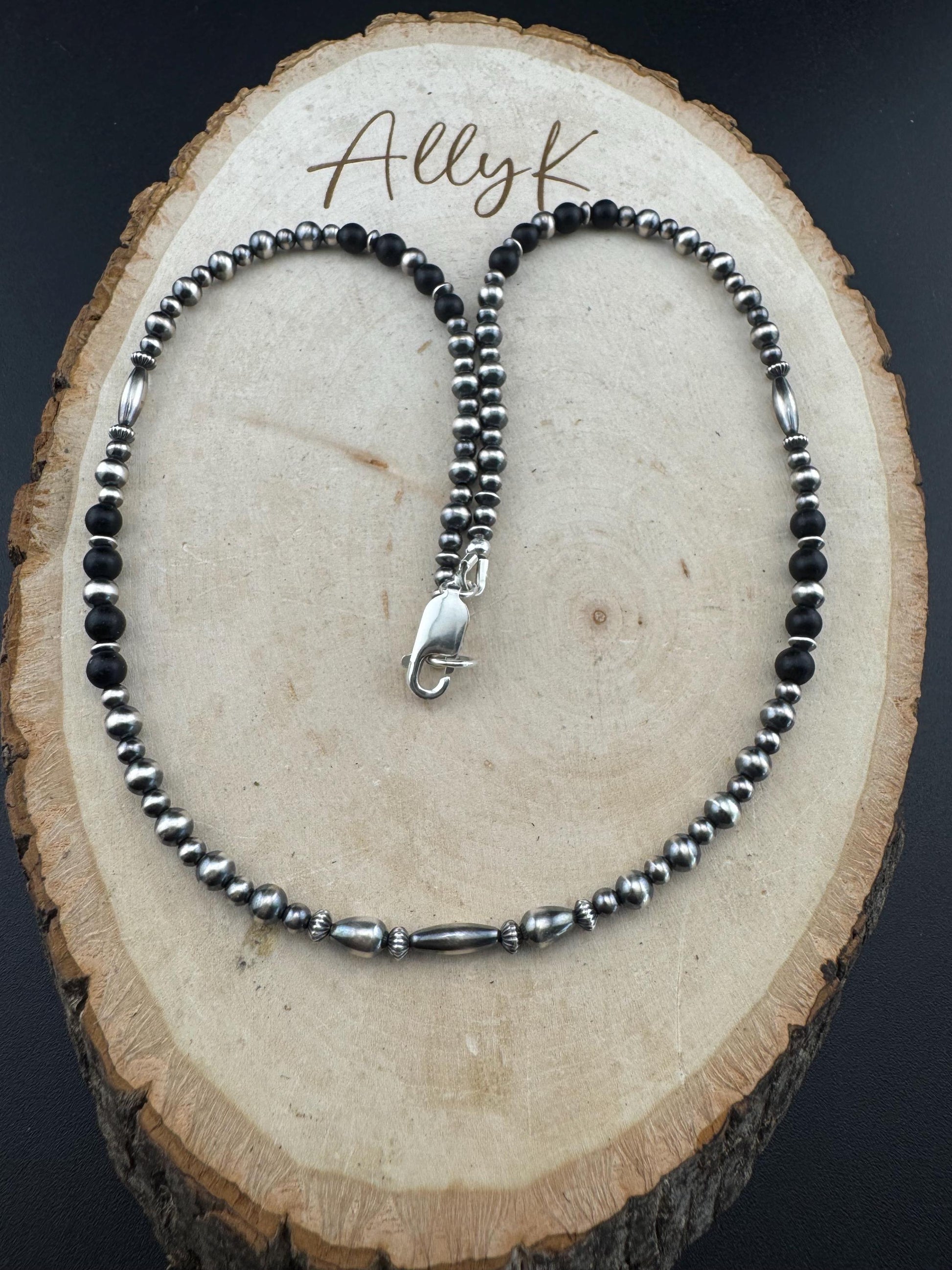 Navajo Pearl & Black Onyx Necklace - Elegant Sterling Silver Gemstone Jewelry