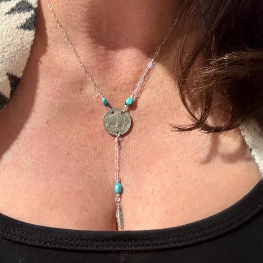 Vintage Indian Head Buffalo Nickel Lariat Necklace with Royston Turquoise on Sterling Silver
