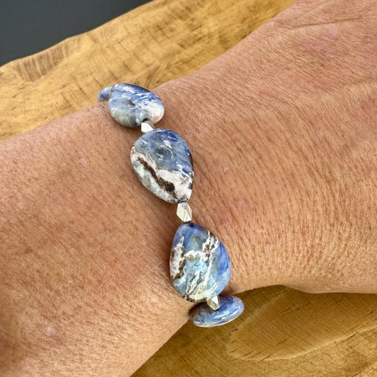 Teardrop Blue Sodalite Gemstone Bracelet | Sterling Silver Stretch Jewelry