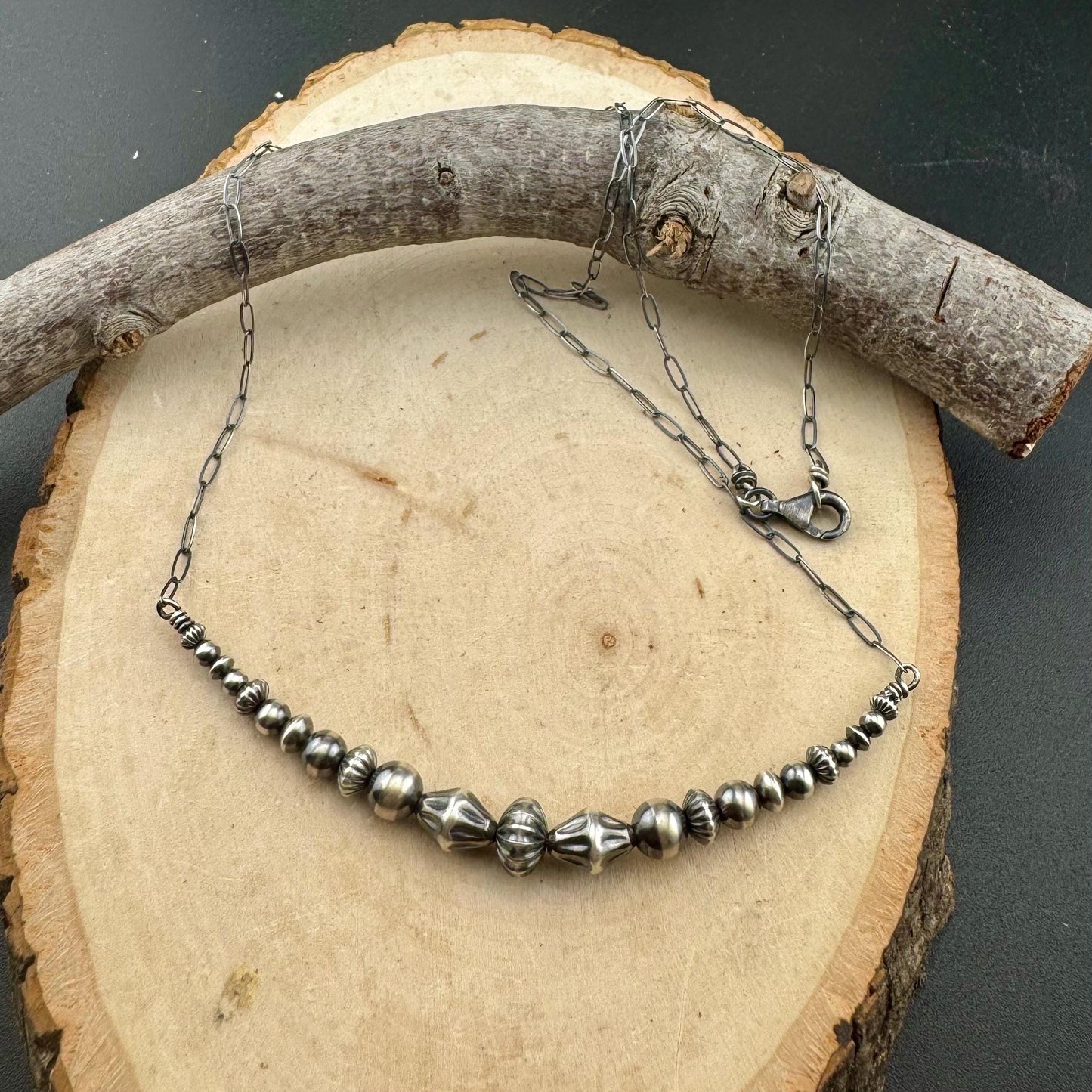 Extended Graduated Bar Horizontal Navajo Pearl Necklace in Sterling Silver - Southwestern Jewelry