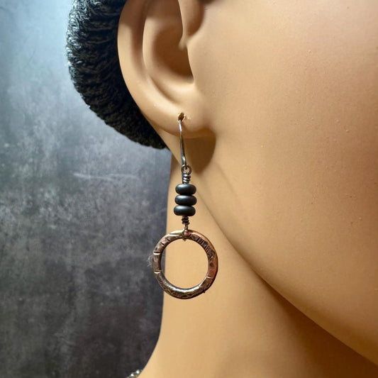 Handcrafted Copper & Sterling Silver Earrings with Onyx Gemstone - Mixed Metal Design