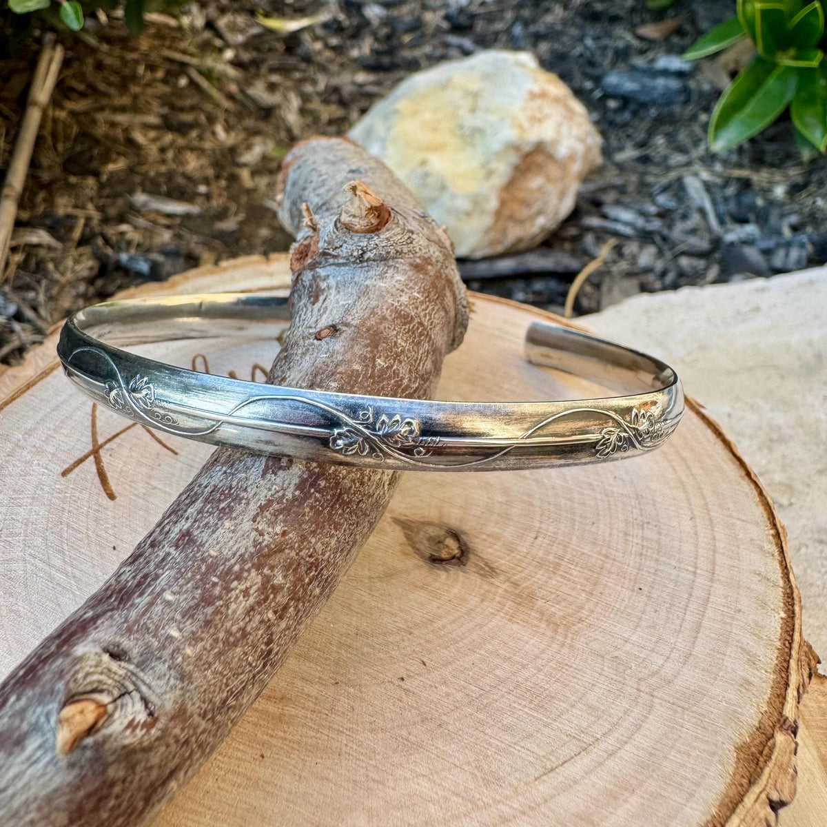 Flower & Vine Sterling Silver Cuff • Oxidized Pattern Bracelet • Handmade 925 Jewelry