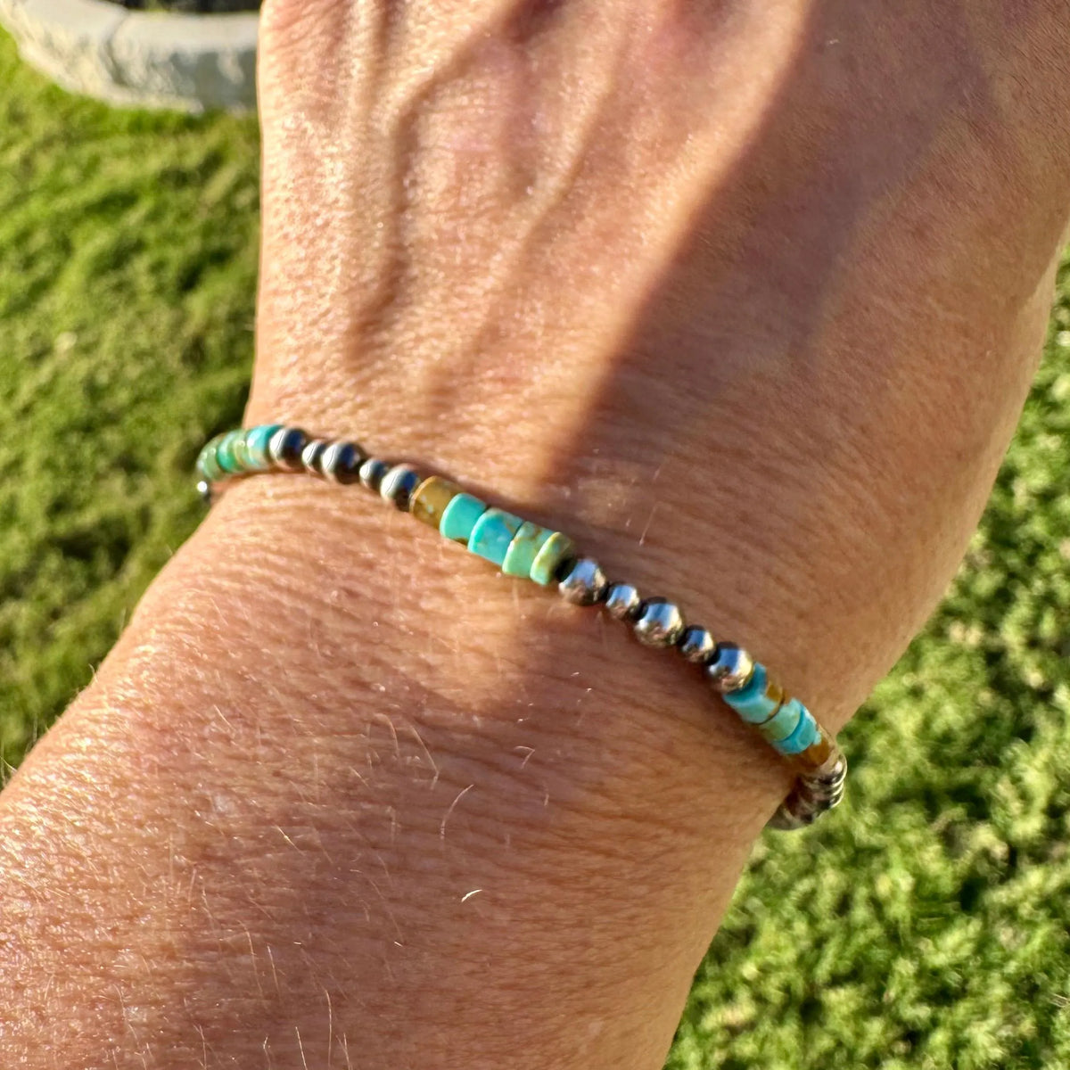 Sterling Silver Desert Pearl Bracelet with Kingman Turquoise • Southwestern Boho Style