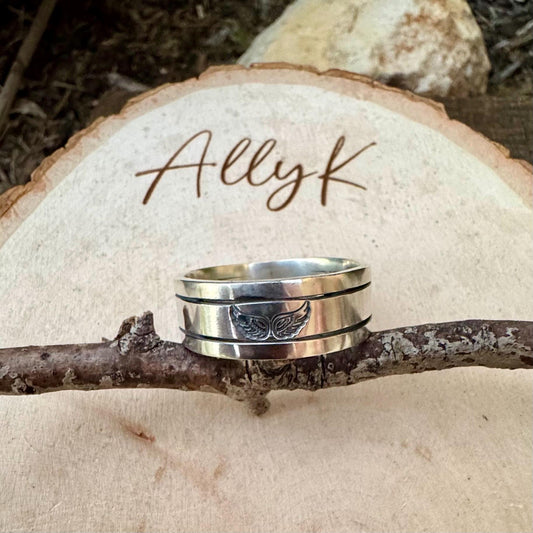 Sterling Silver 8mm Angel Wing Band Ring - Unique Men's Jewelry Gift