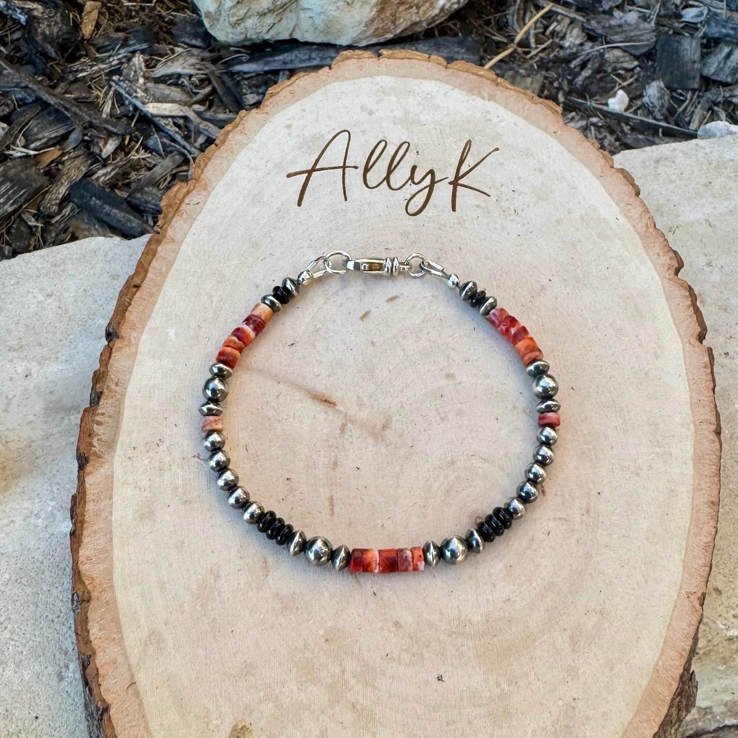 Spiny Oyster & Black Onyx Bracelet • Sterling Silver Desert Pearls • Southwestern Jewelry