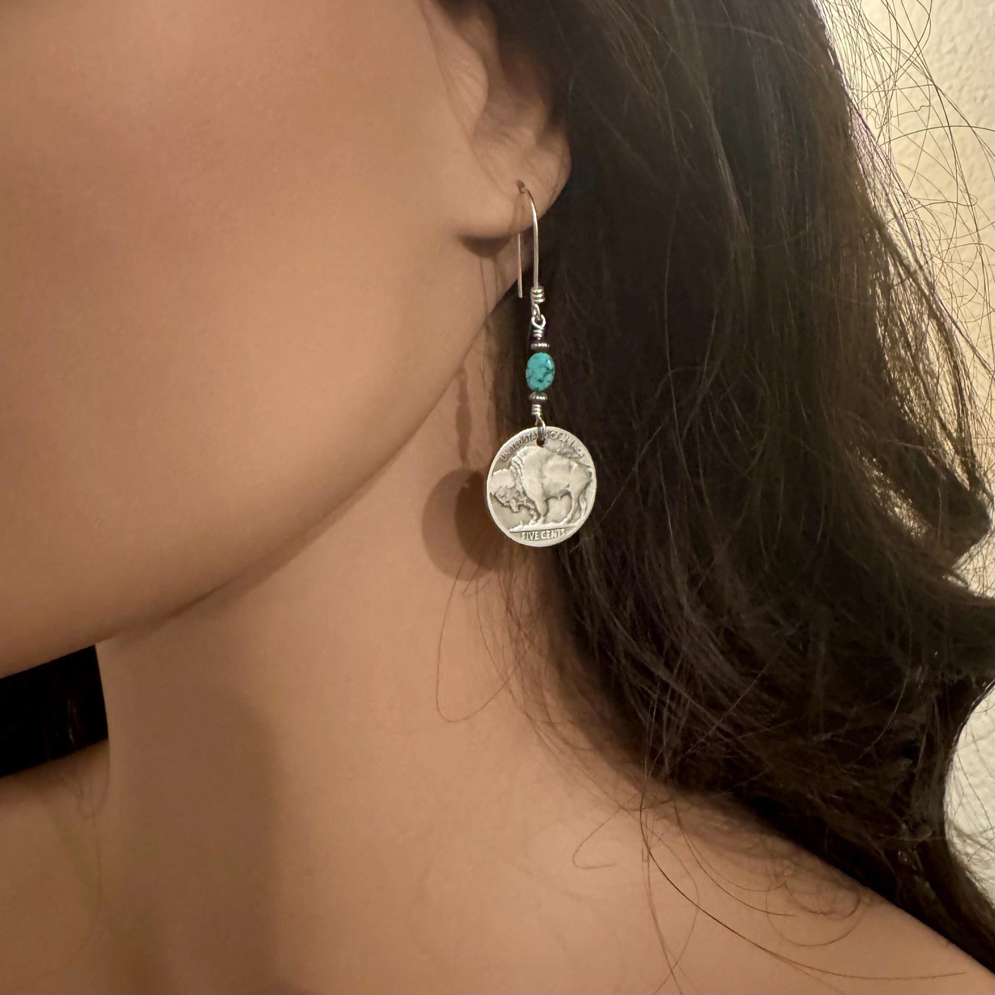 Indian Buffalo Nickel Earrings with Royston Turquoise & Navajo Pearl Accents