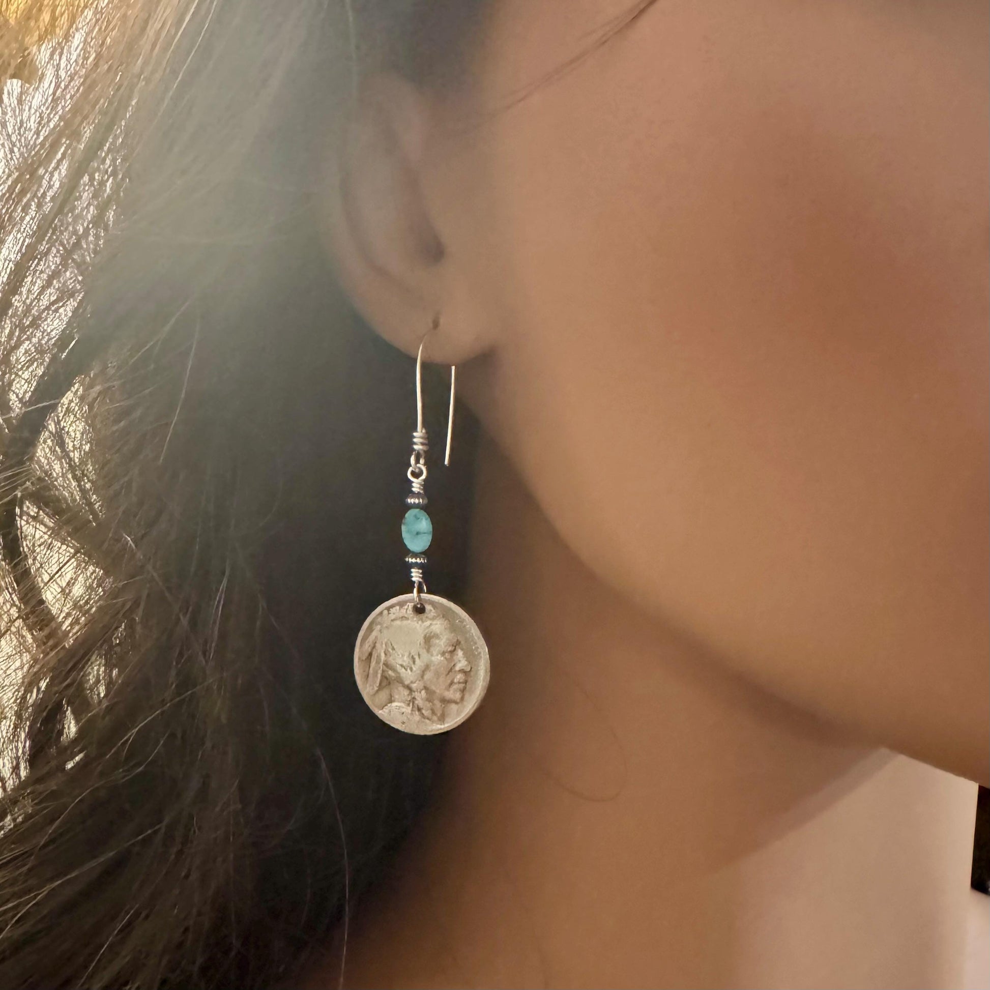 Indian Buffalo Nickel Earrings with Royston Turquoise & Navajo Pearl Accents