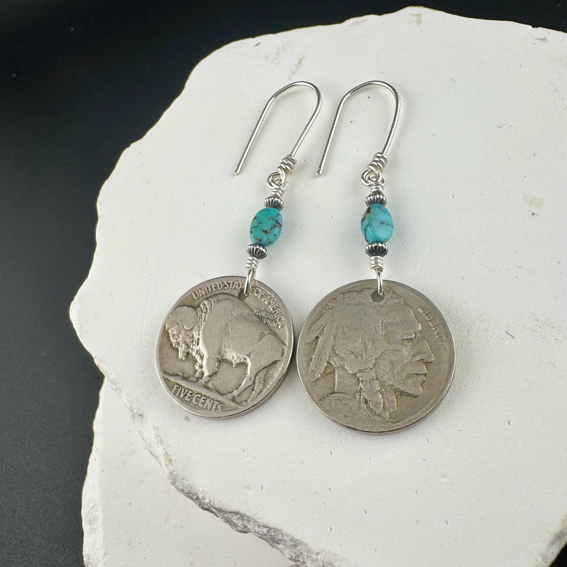Indian Buffalo Nickel Earrings with Royston Turquoise & Navajo Pearl Accents