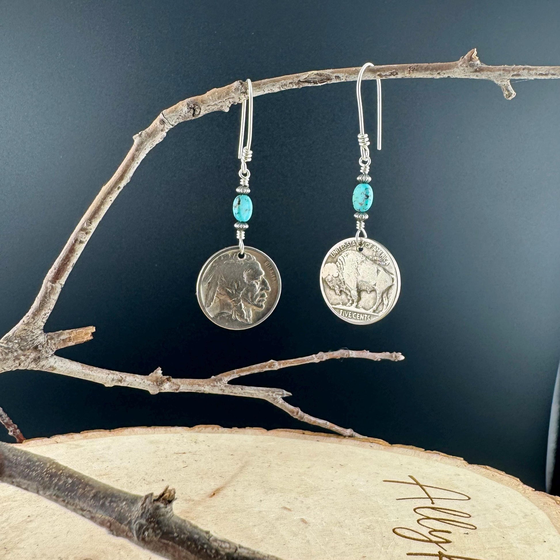 Indian Buffalo Nickel Earrings with Royston Turquoise & Navajo Pearl Accents