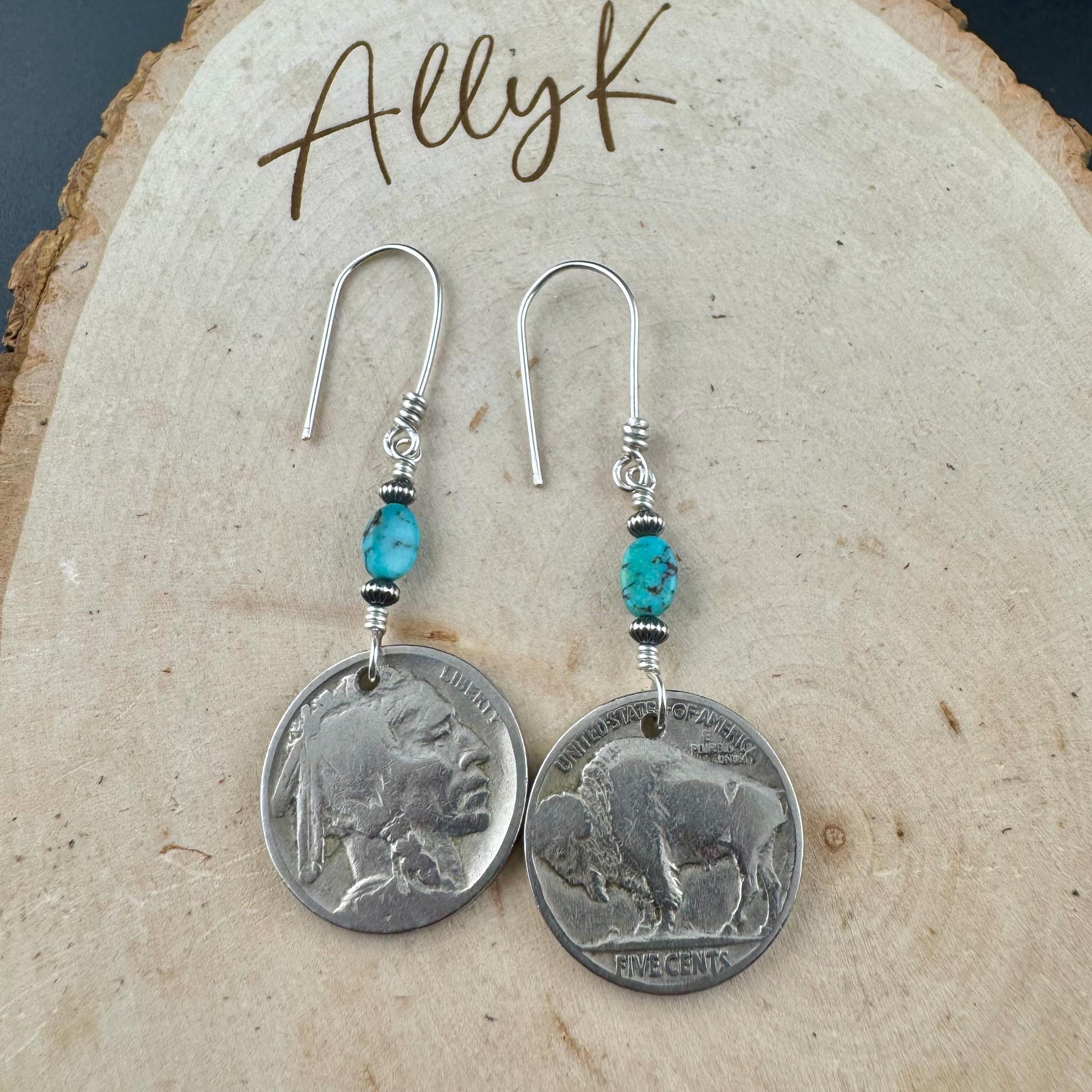 Indian Buffalo Nickel Earrings with Royston Turquoise & Navajo Pearl Accents