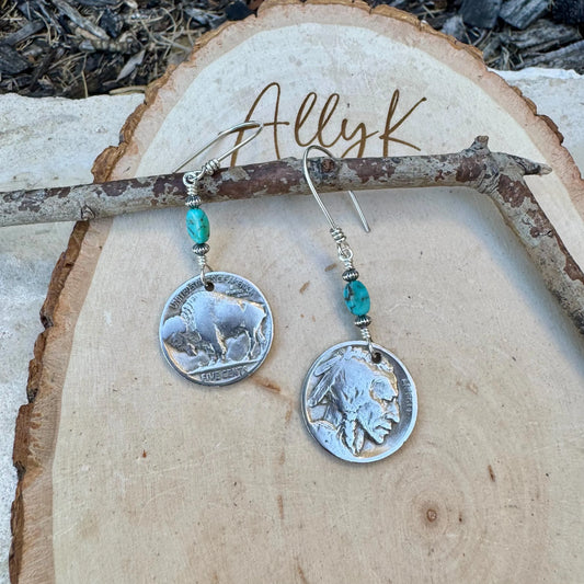 Indian Buffalo Nickel Earrings with Royston Turquoise & Navajo Pearl Accents – Sterling Silver Southwestern Jewelry
