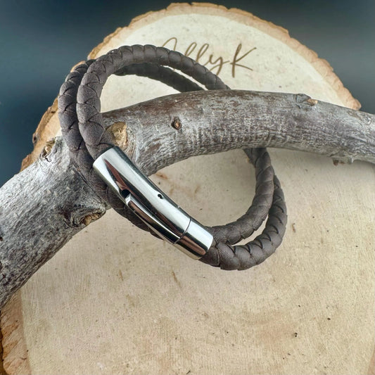 Double Wrap Leather Bracelet • 5mm Braided Leather • Bayonet Clasp