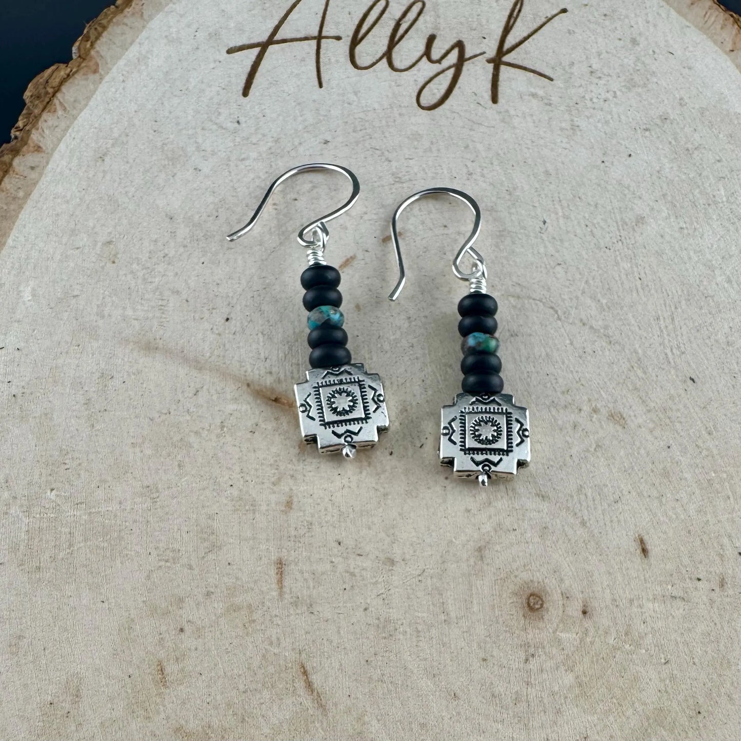 Turquoise & Onyx Dangle Earrings: Southwestern Aztec Sterling Silver
