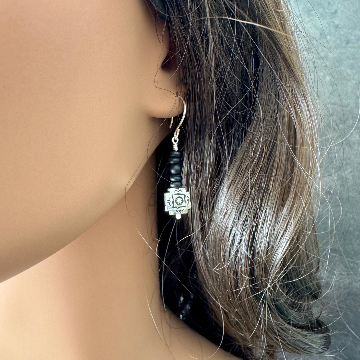 Onyx Dangle Earrings: Southwestern Aztec Sterling Silver